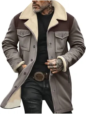 Vintage Suede Pocket Plush Reversed Collar Mens Outdoor Jacket Coat Retro Top Western Windbreaker Trench Coat