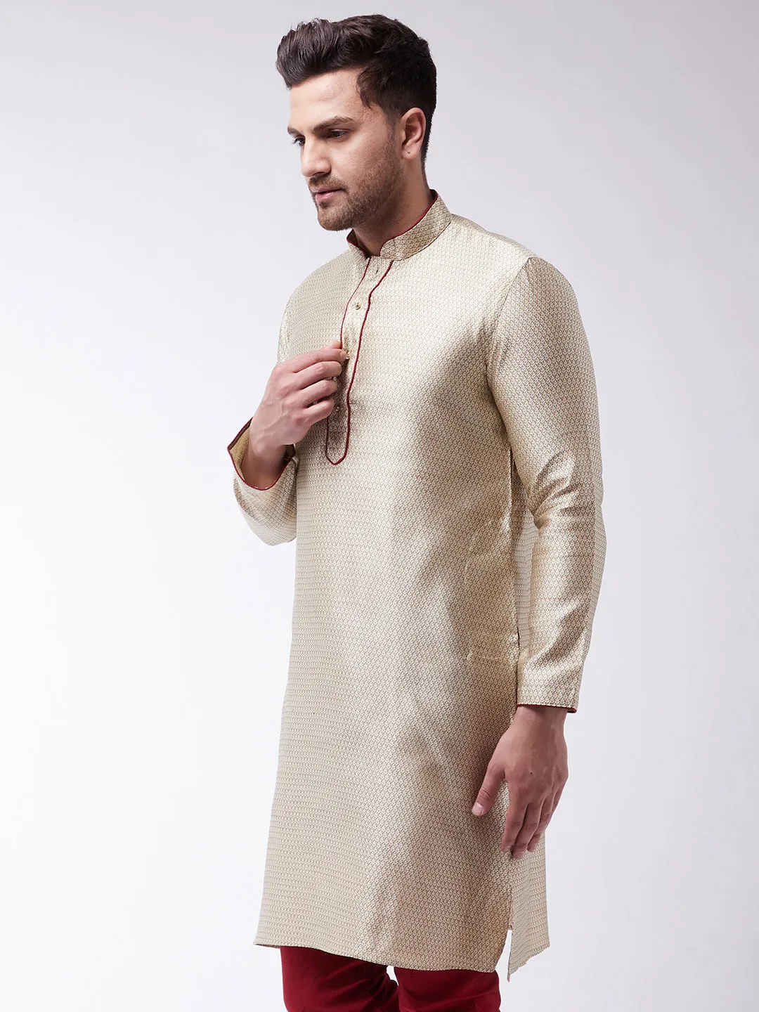 VM By VASTRAMAY  Men's Beige Color Silk Blend Kurta