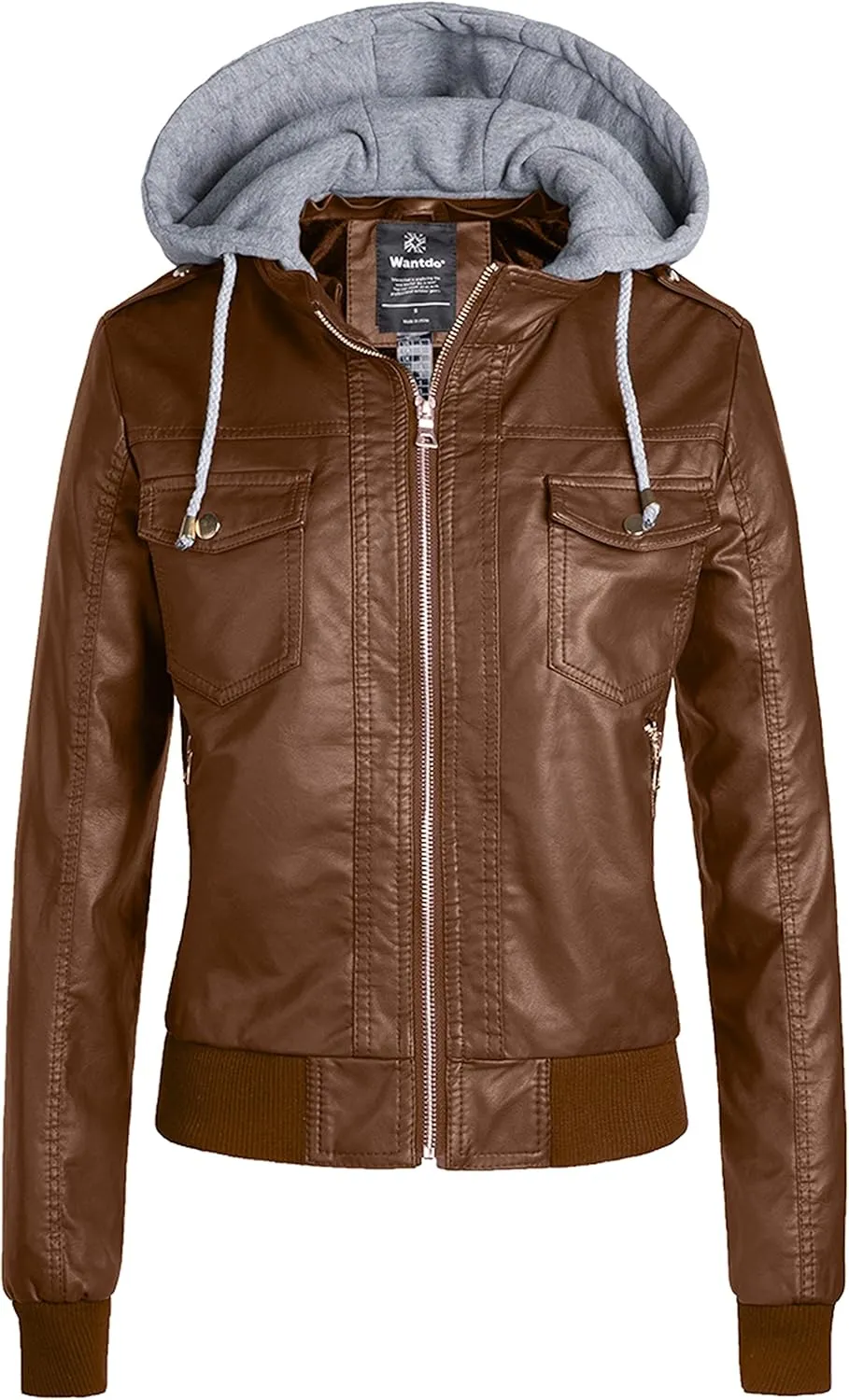 wantdo Women's Lightweight Leather Jacket Casual Motorcycle PU Biker Coat with Removable Hood