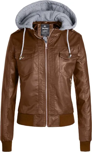 wantdo Women's Lightweight Leather Jacket Casual Motorcycle PU Biker Coat with Removable Hood
