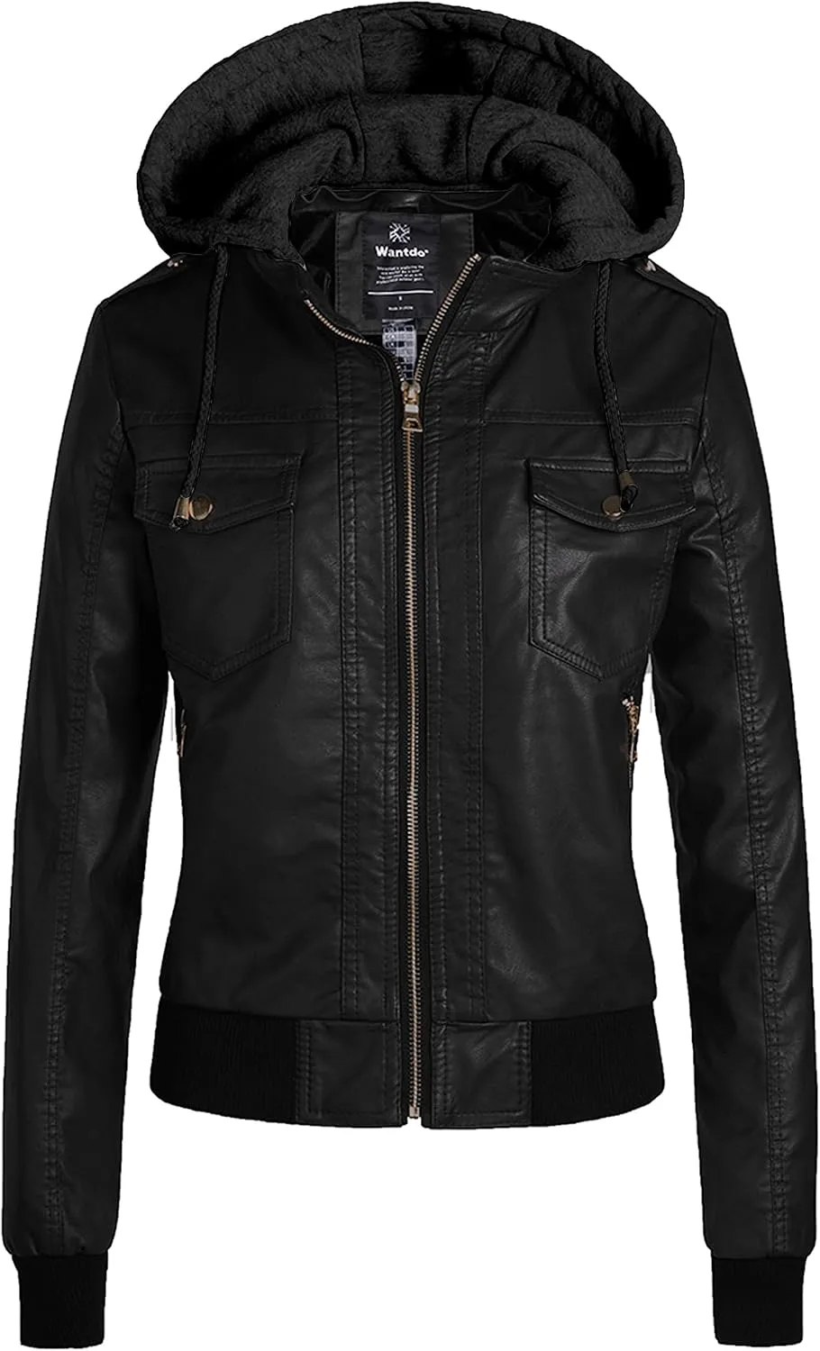 wantdo Women's Lightweight Leather Jacket Casual Motorcycle PU Biker Coat with Removable Hood