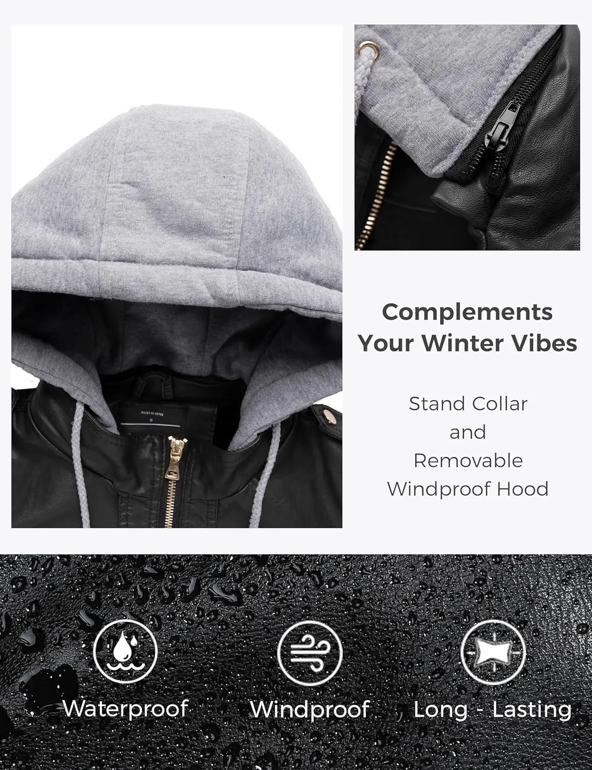 wantdo Women's Lightweight Leather Jacket Casual Motorcycle PU Biker Coat with Removable Hood