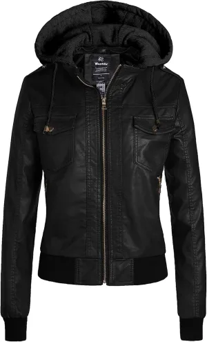 wantdo Women's Lightweight Leather Jacket Casual Motorcycle PU Biker Coat with Removable Hood