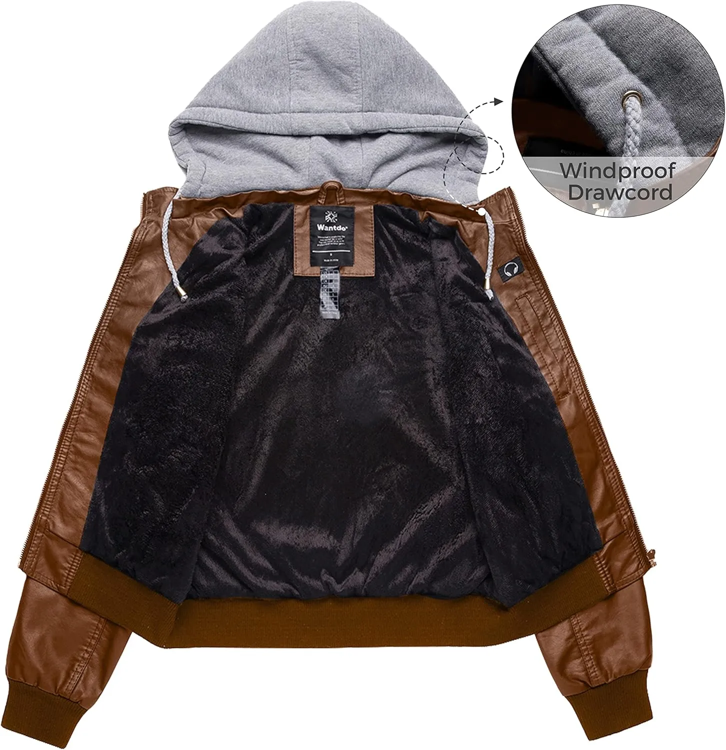 wantdo Women's Lightweight Leather Jacket Casual Motorcycle PU Biker Coat with Removable Hood