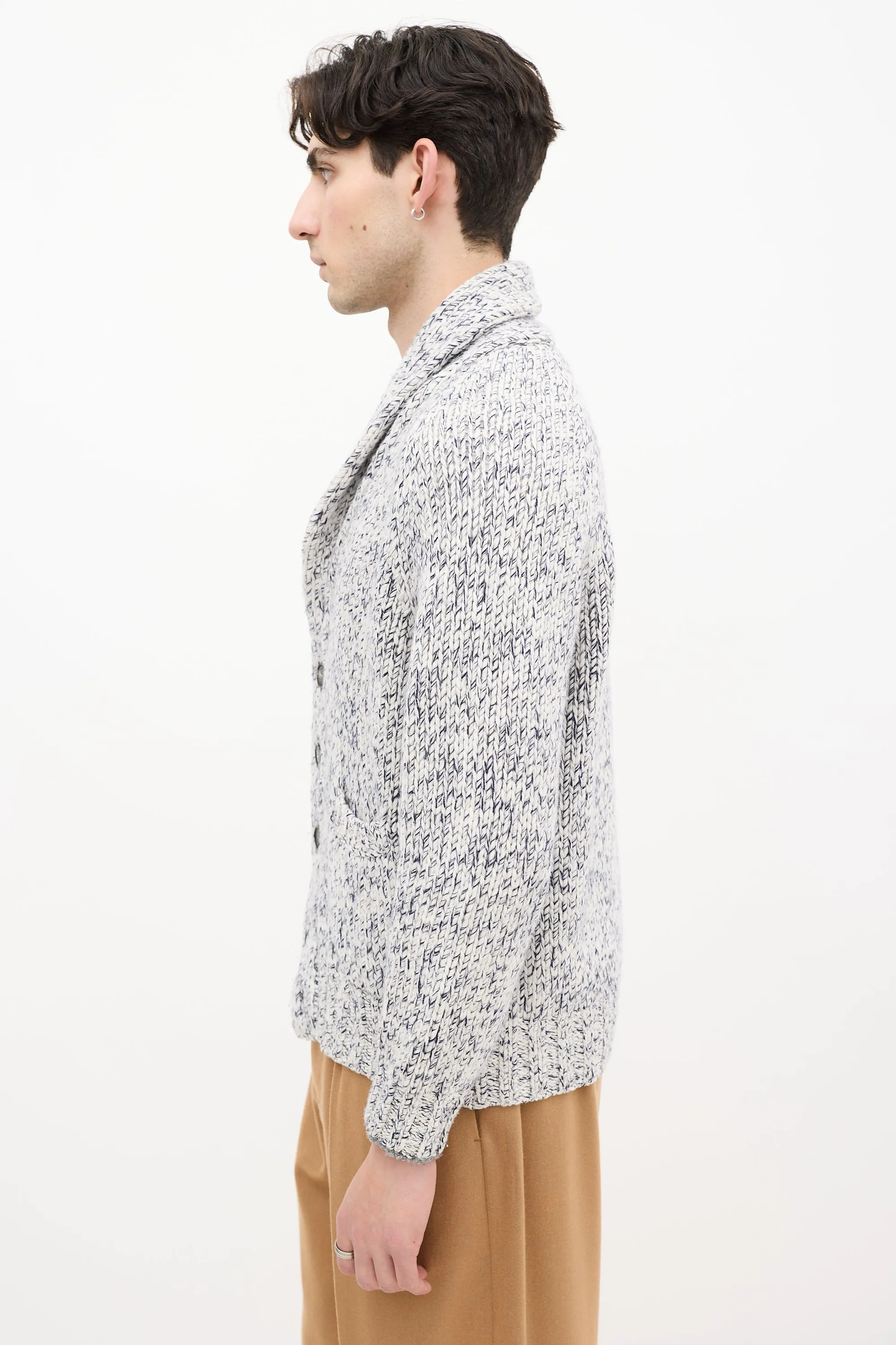 White & Navy Heathered Wool Knit Cardigan