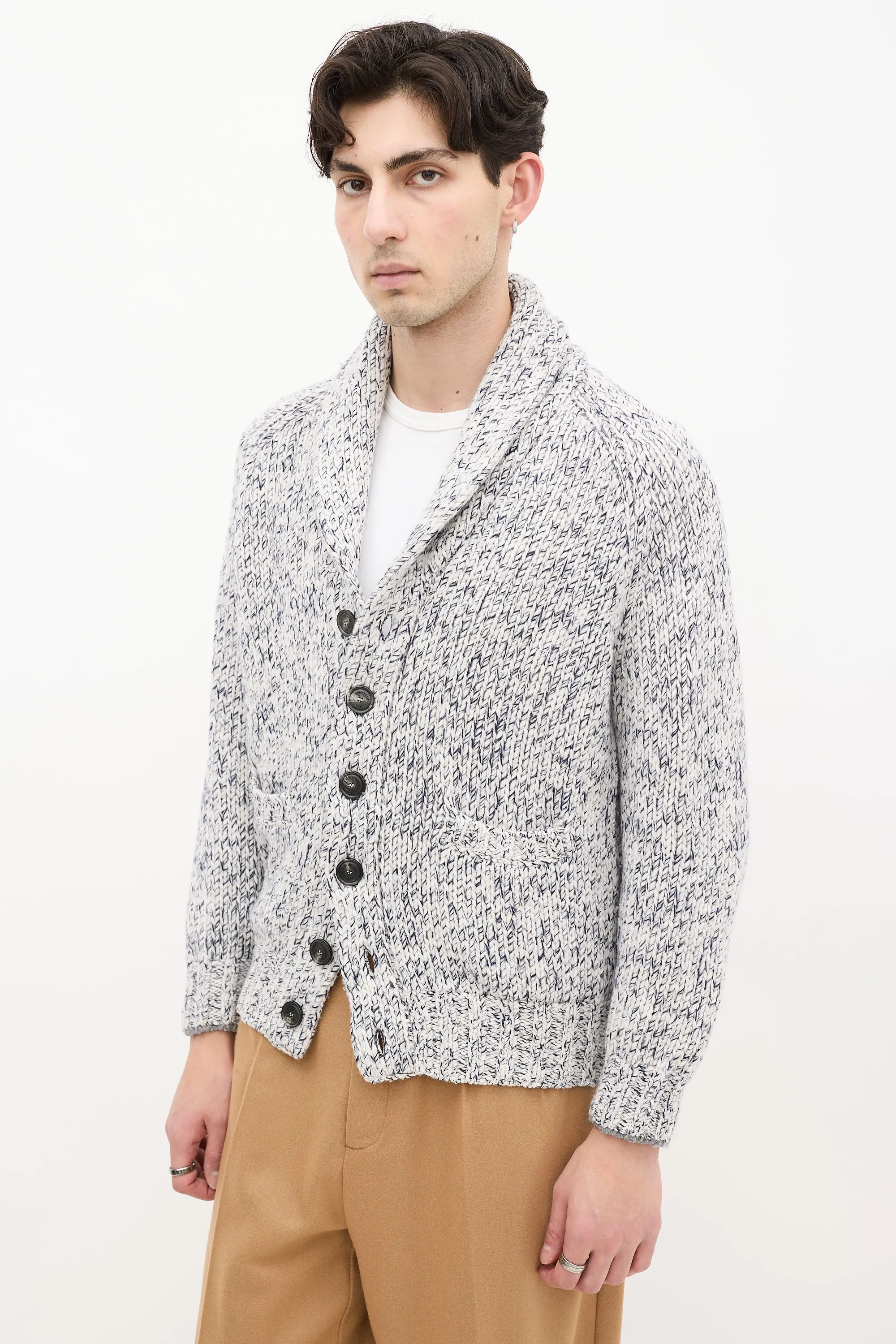 White & Navy Heathered Wool Knit Cardigan