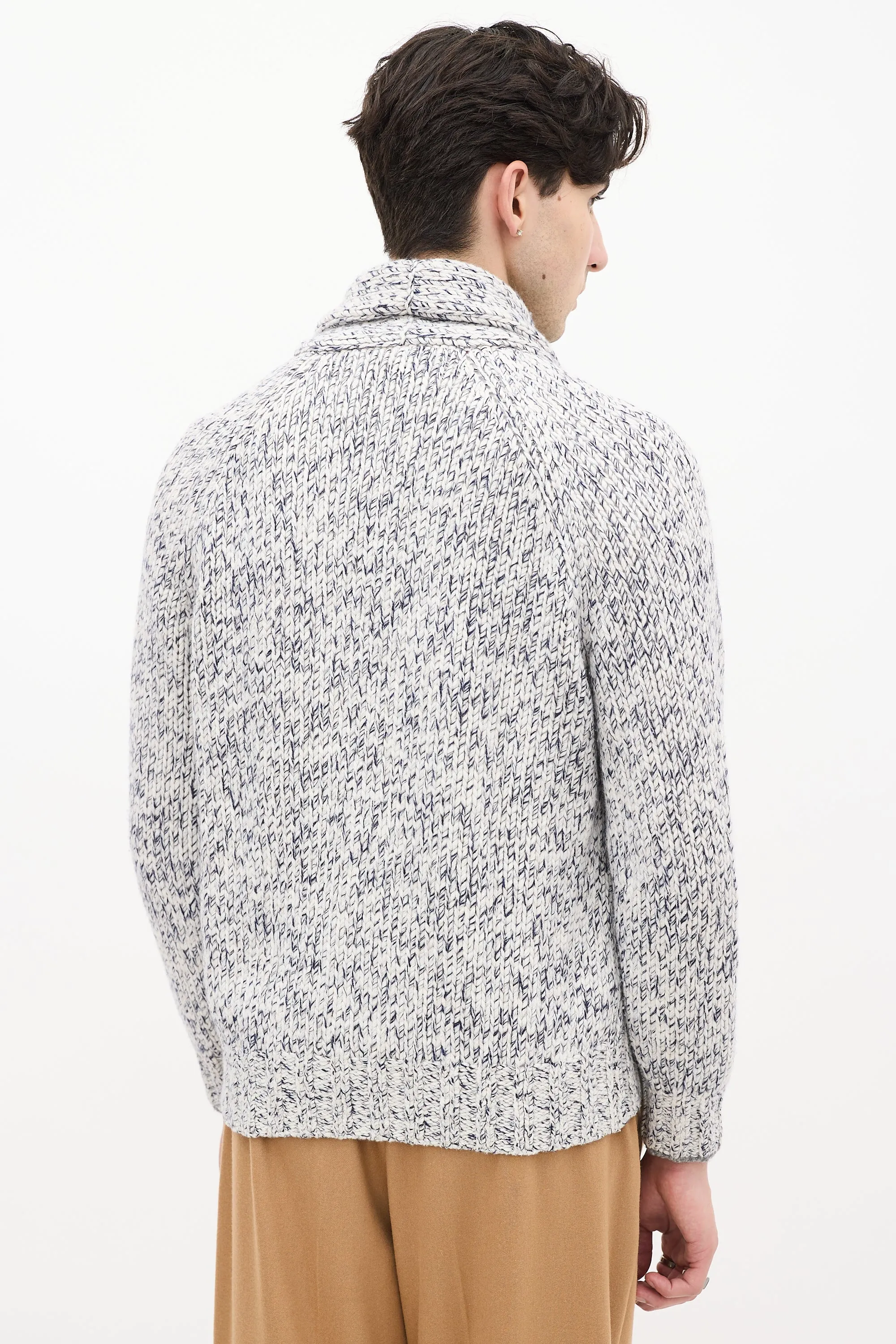 White & Navy Heathered Wool Knit Cardigan