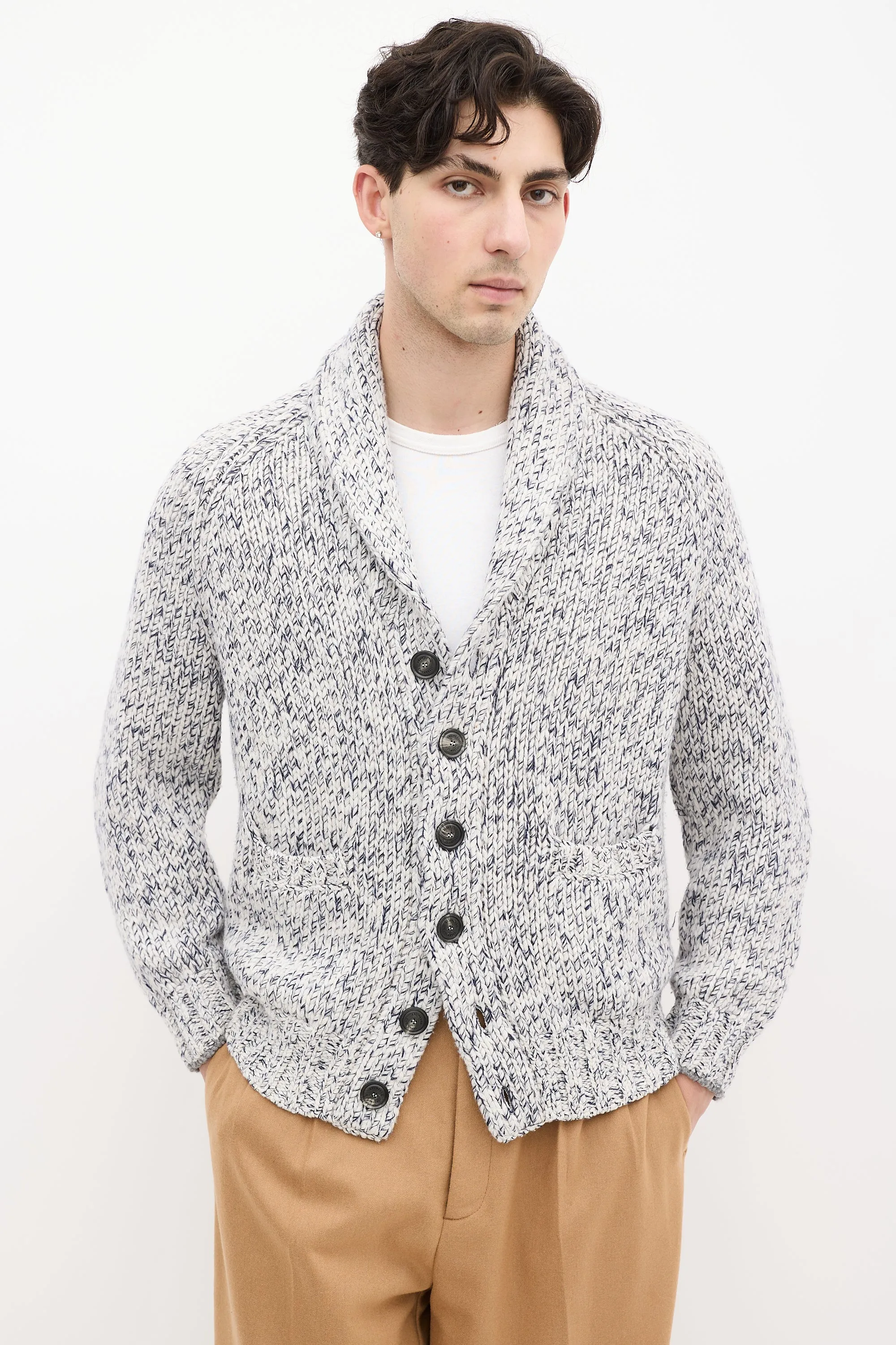 White & Navy Heathered Wool Knit Cardigan