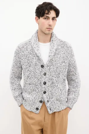 White & Navy Heathered Wool Knit Cardigan
