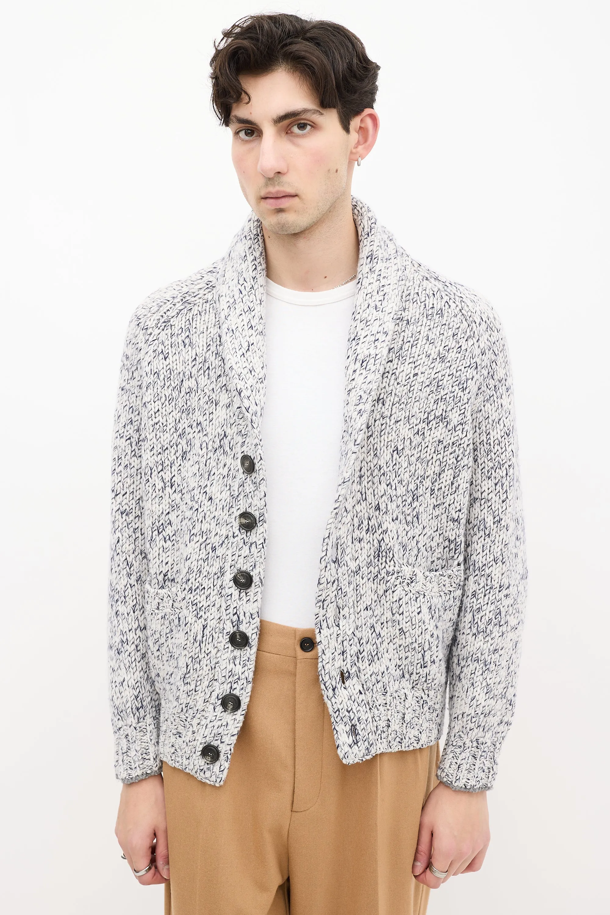 White & Navy Heathered Wool Knit Cardigan