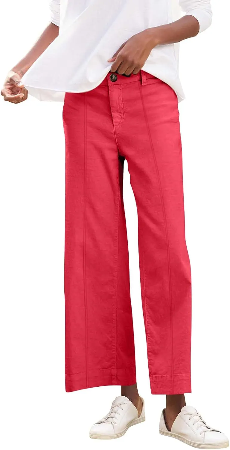Wide Leg Linen Pants for Women Elastic High Waist Cropped Pants Lightweight Summer Business Casual Pants with Pockets