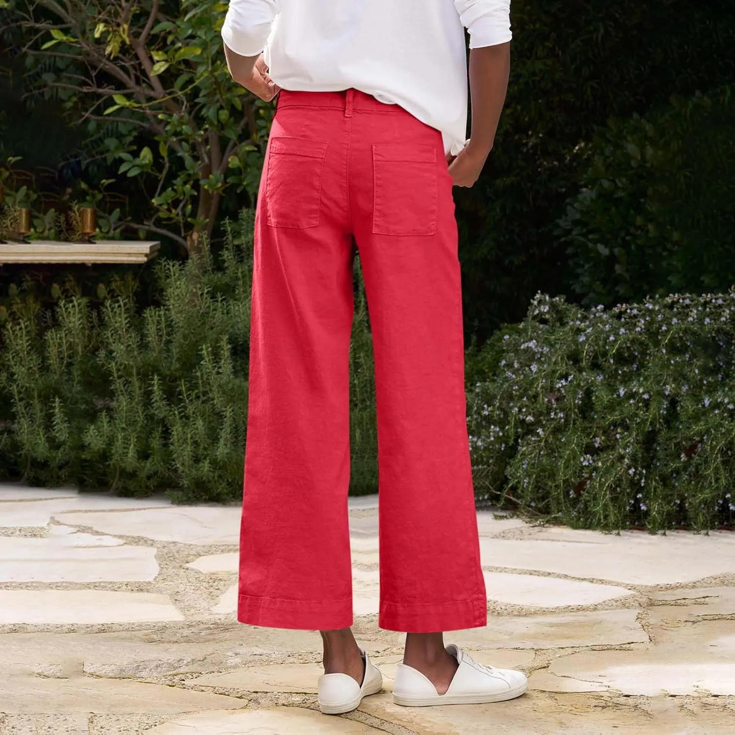 Wide Leg Linen Pants for Women Elastic High Waist Cropped Pants Lightweight Summer Business Casual Pants with Pockets