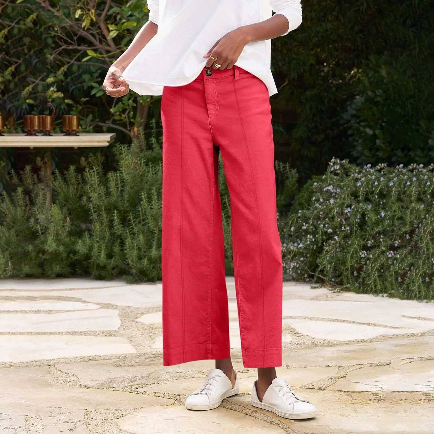 Wide Leg Linen Pants for Women Elastic High Waist Cropped Pants Lightweight Summer Business Casual Pants with Pockets