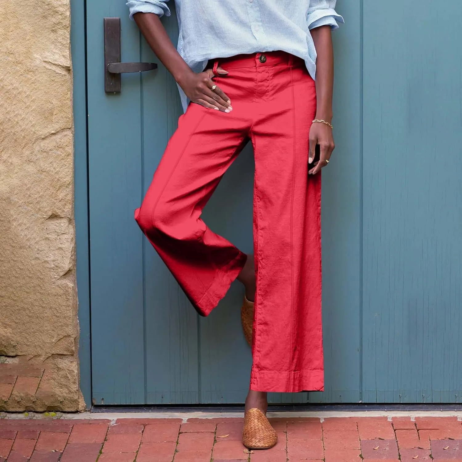 Wide Leg Linen Pants for Women Elastic High Waist Cropped Pants Lightweight Summer Business Casual Pants with Pockets