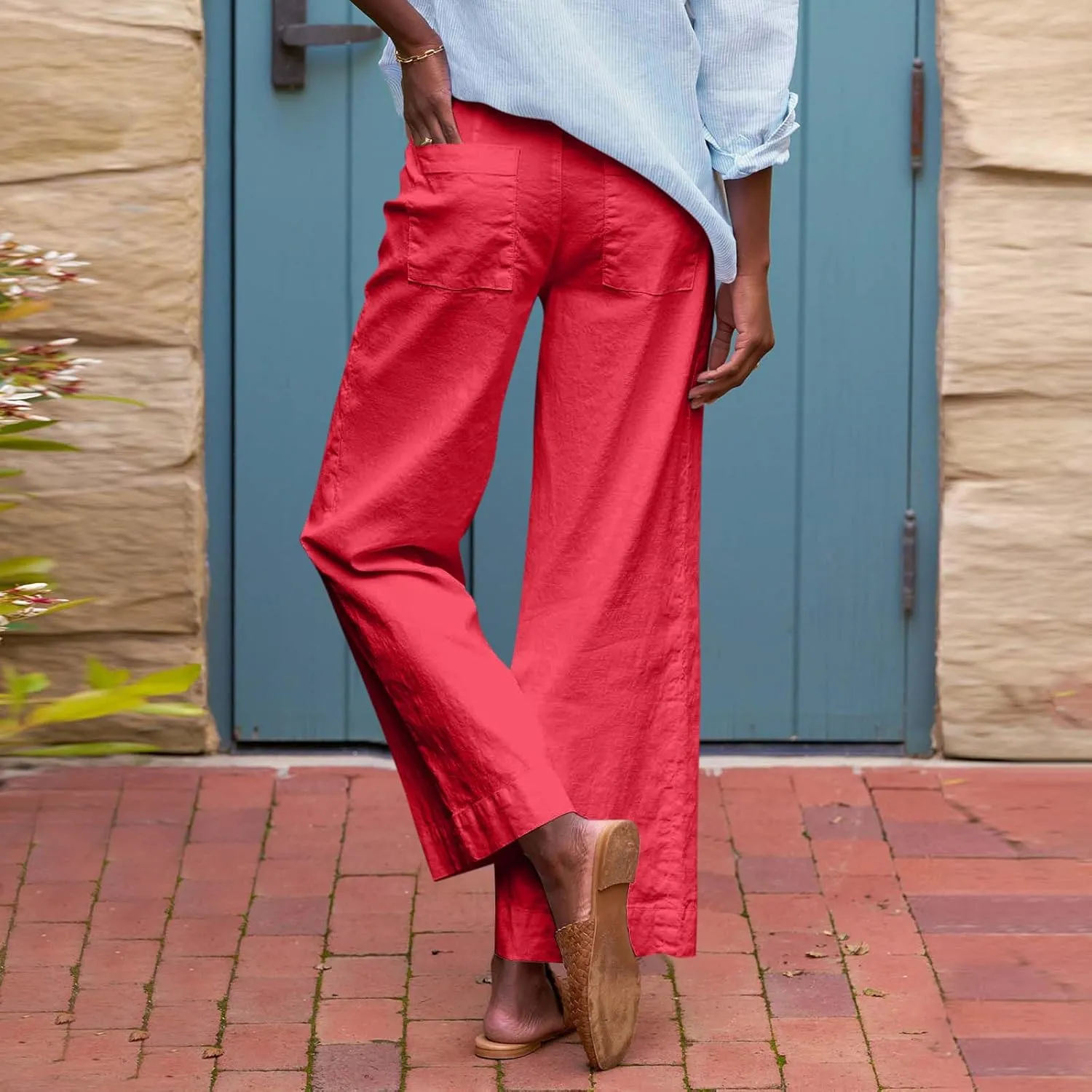 Wide Leg Linen Pants for Women Elastic High Waist Cropped Pants Lightweight Summer Business Casual Pants with Pockets