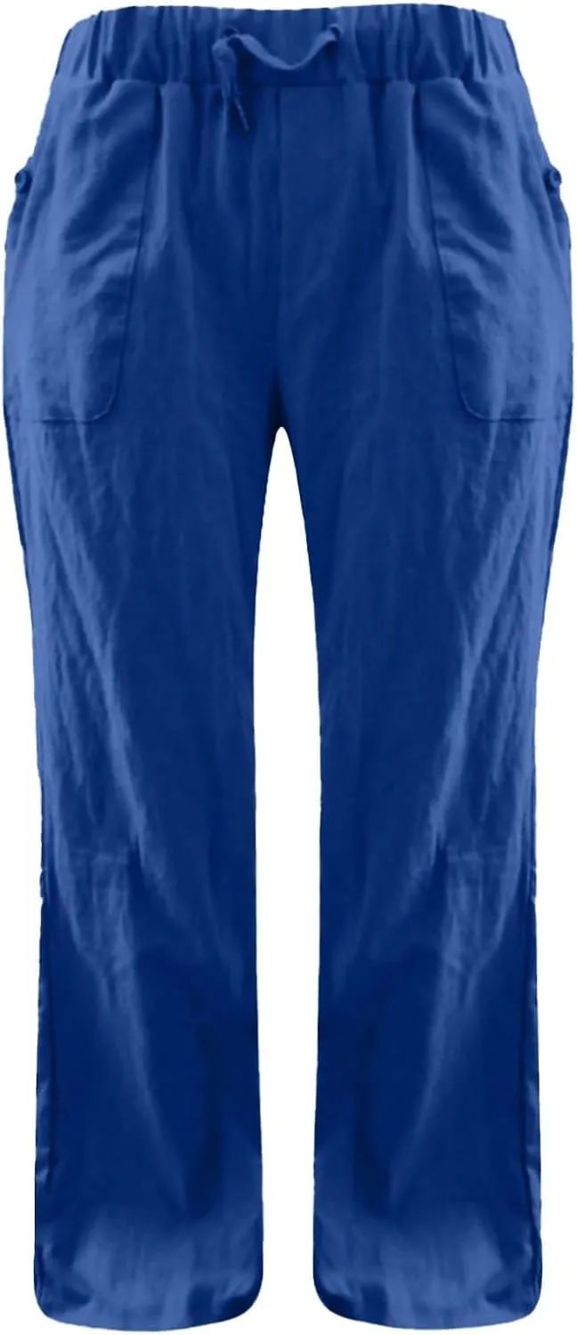 Wide Leg Linen Pants for Women Summer Beach Loose Fit Drawstring Lightweight Cotton Linen Boho Trousers with Pockets