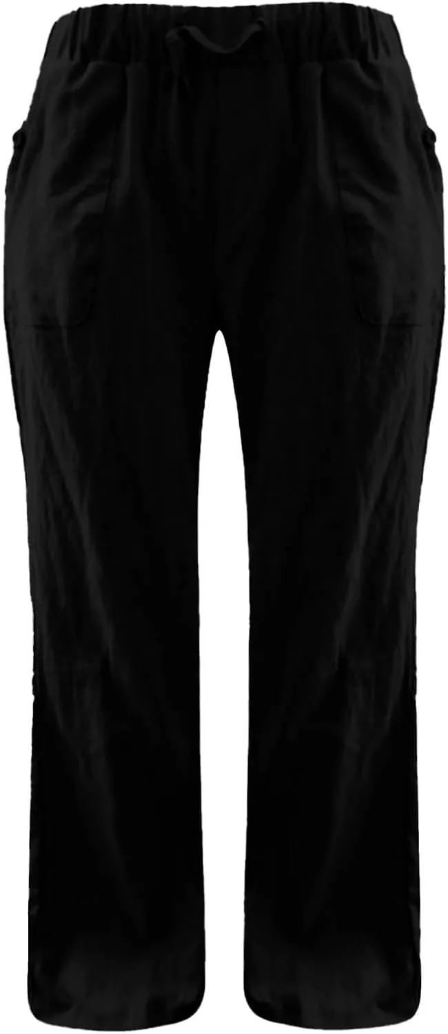 Wide Leg Linen Pants for Women Summer Beach Loose Fit Drawstring Lightweight Cotton Linen Boho Trousers with Pockets