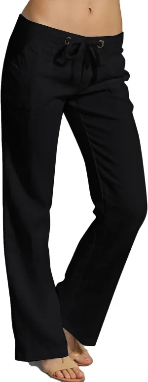 Wide Leg Linen Pants for Women Summer Beach Loose Fit Drawstring Lightweight Cotton Linen Boho Trousers with Pockets