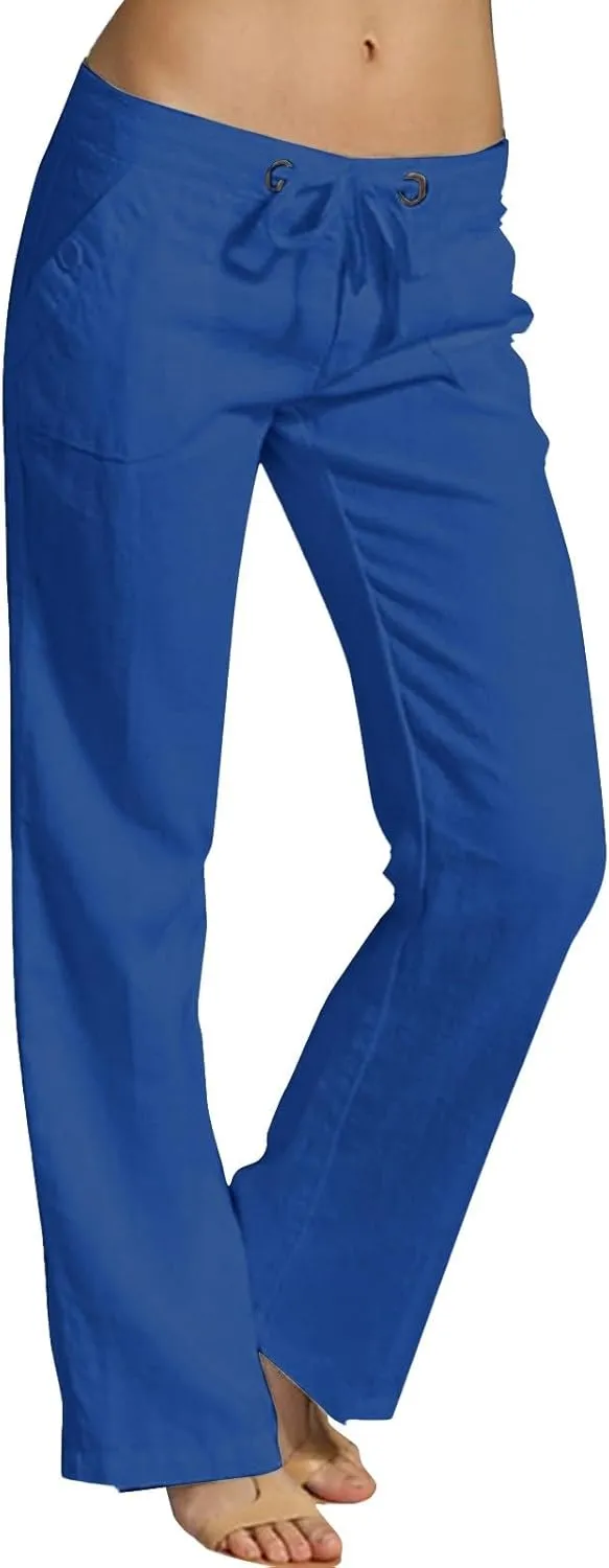 Wide Leg Linen Pants for Women Summer Beach Loose Fit Drawstring Lightweight Cotton Linen Boho Trousers with Pockets