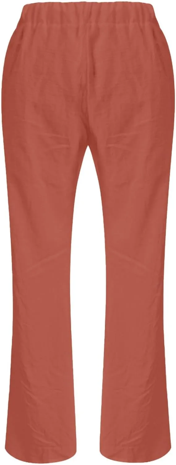 Wide Leg Linen Pants for Women Summer Low Waisted Palazzo Lounge Pants Drawstring Lightweight Trousers with Pockets