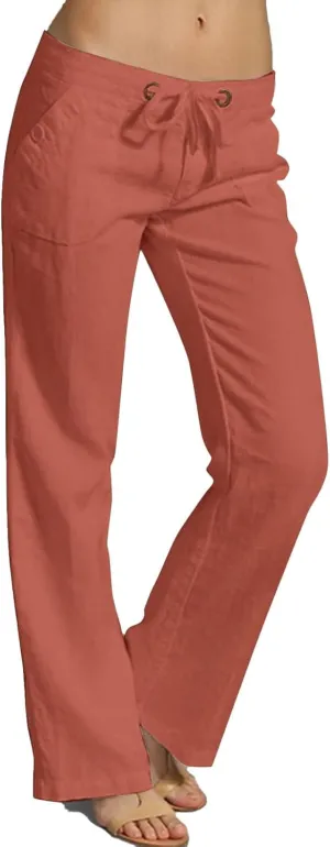 Wide Leg Linen Pants for Women Summer Low Waisted Palazzo Lounge Pants Drawstring Lightweight Trousers with Pockets