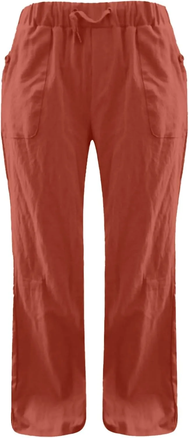 Wide Leg Linen Pants for Women Summer Low Waisted Palazzo Lounge Pants Drawstring Lightweight Trousers with Pockets