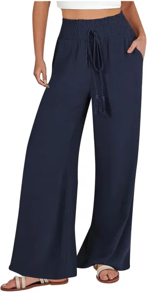 Wide Leg Linen Pants for Women Trendy 2024 Casual Summer High Waist Drawstring Pants Loose Beach Trousers