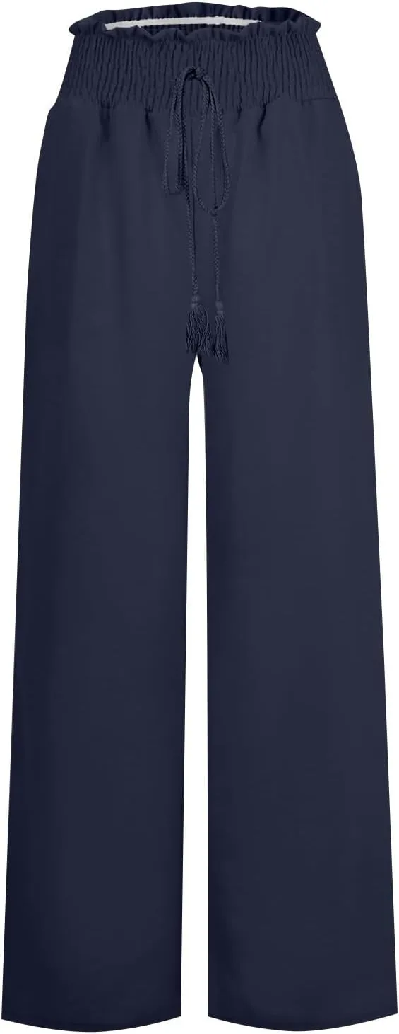 Wide Leg Linen Pants for Women Trendy 2024 Casual Summer High Waist Drawstring Pants Loose Beach Trousers