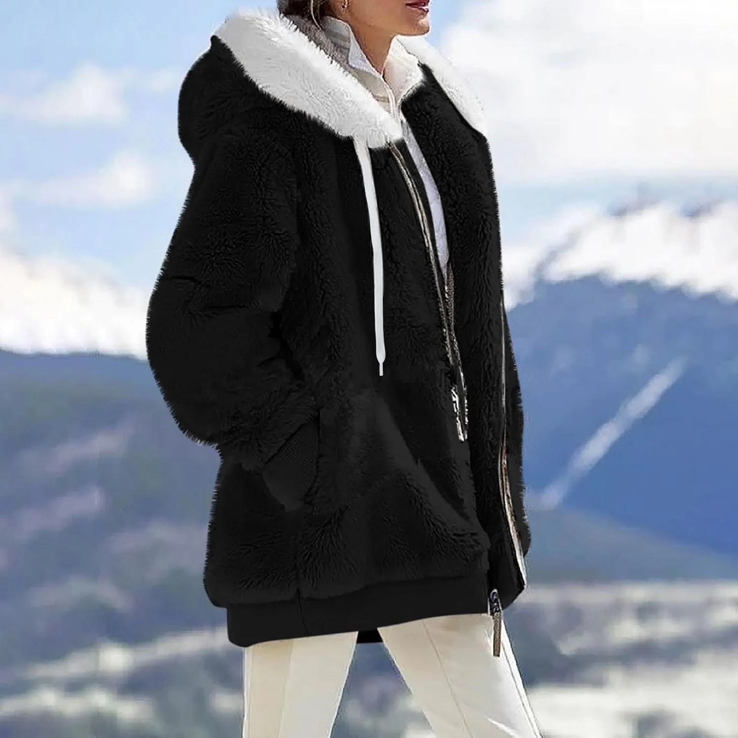 Winter Jackets for Women Full Zip Up Fuzzy Fleece Jacket Hooded Color Block Patchwork Cardigan Coats with Pockets