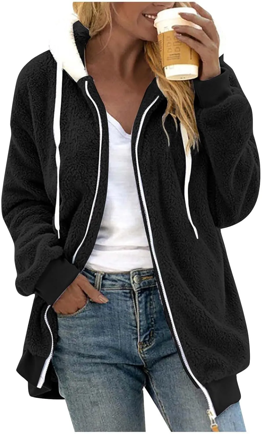 Winter Jackets for Women Full Zip Up Fuzzy Fleece Jacket Hooded Color Block Patchwork Cardigan Coats with Pockets