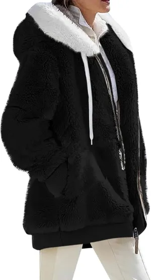 Winter Jackets for Women Full Zip Up Fuzzy Fleece Jacket Hooded Color Block Patchwork Cardigan Coats with Pockets