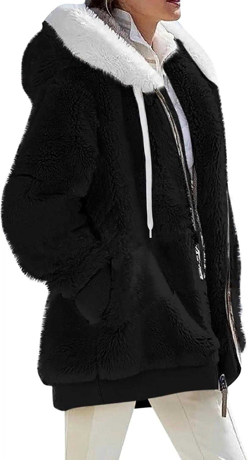 Winter Jackets for Women Full Zip Up Fuzzy Fleece Jacket Hooded Color Block Patchwork Cardigan Coats with Pockets