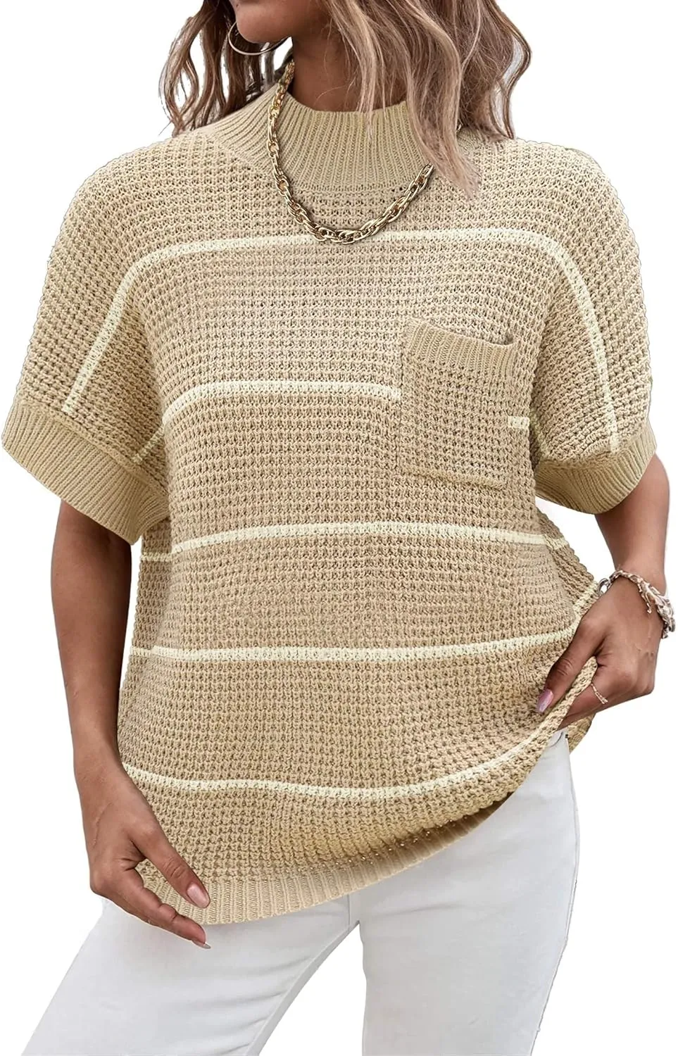 Women 2024 Sweater Vest Mock Neck Batwing Short Sleeve Oversized Ribbed Knit Tops Fall Pullover Sweater S-XXL