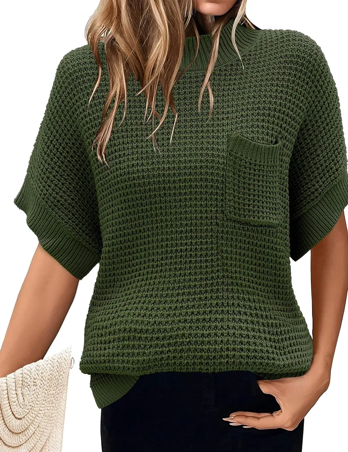 Women 2024 Sweater Vest Mock Neck Batwing Short Sleeve Oversized Ribbed Knit Tops Fall Pullover Sweater S-XXL