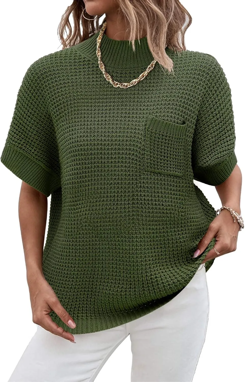 Women 2024 Sweater Vest Mock Neck Batwing Short Sleeve Oversized Ribbed Knit Tops Fall Pullover Sweater S-XXL
