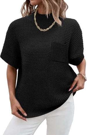 Women 2024 Sweater Vest Mock Neck Batwing Short Sleeve Oversized Ribbed Knit Tops Fall Pullover Sweater S-XXL