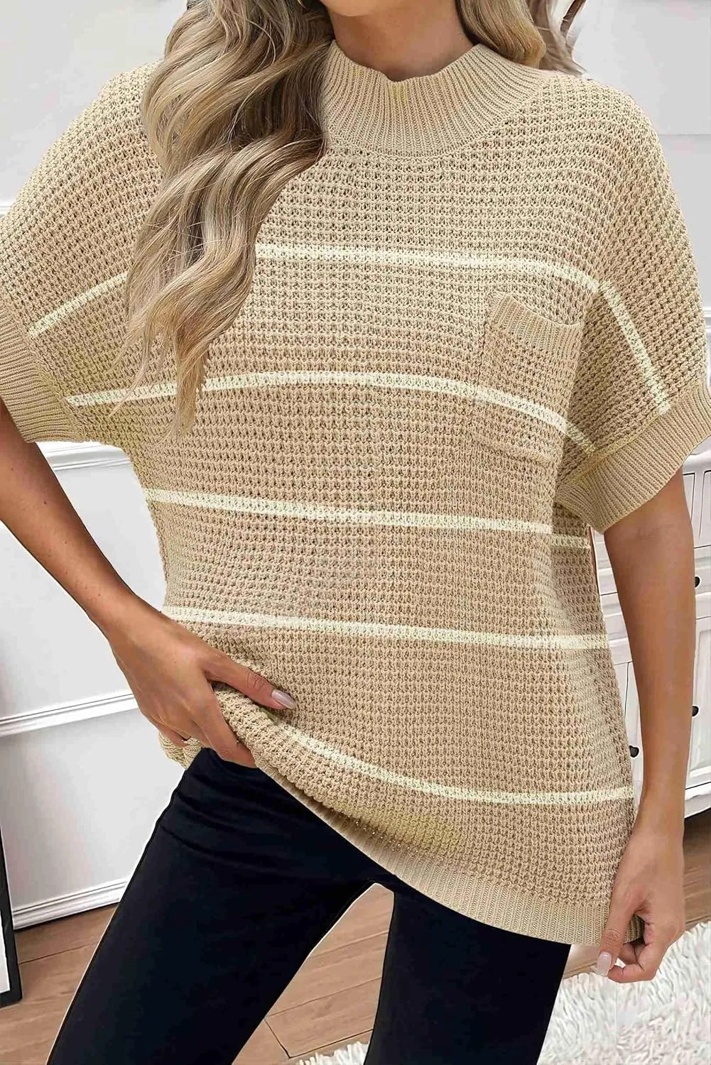 Women 2024 Sweater Vest Mock Neck Batwing Short Sleeve Oversized Ribbed Knit Tops Fall Pullover Sweater S-XXL