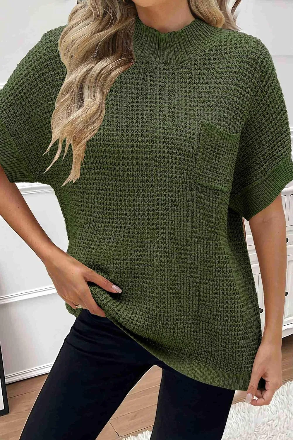 Women 2024 Sweater Vest Mock Neck Batwing Short Sleeve Oversized Ribbed Knit Tops Fall Pullover Sweater S-XXL