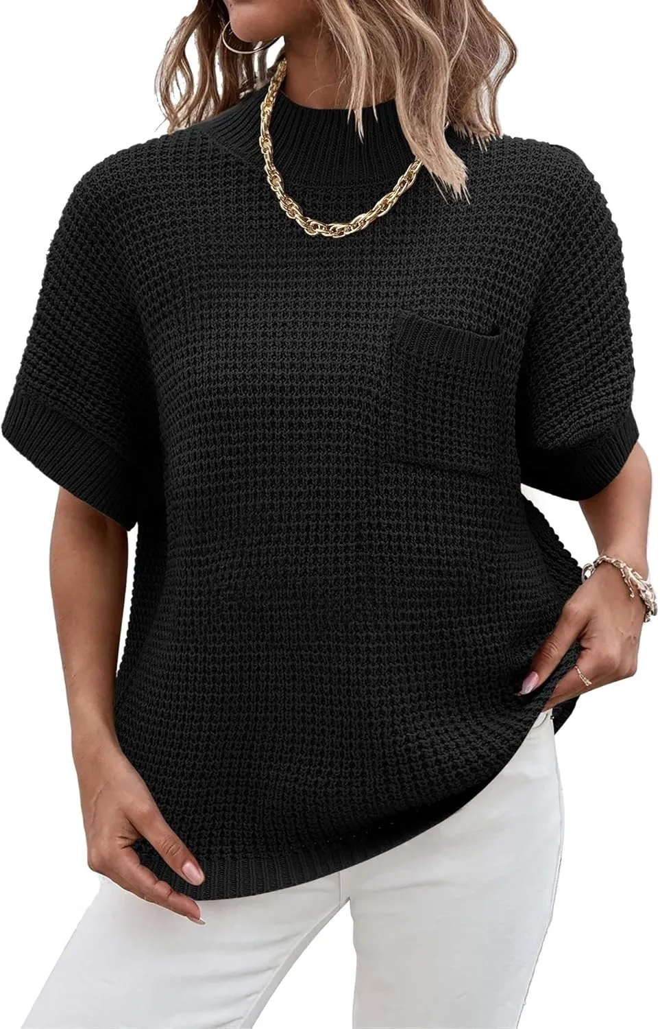 Women 2024 Sweater Vest Mock Neck Batwing Short Sleeve Oversized Ribbed Knit Tops Fall Pullover Sweater S-XXL