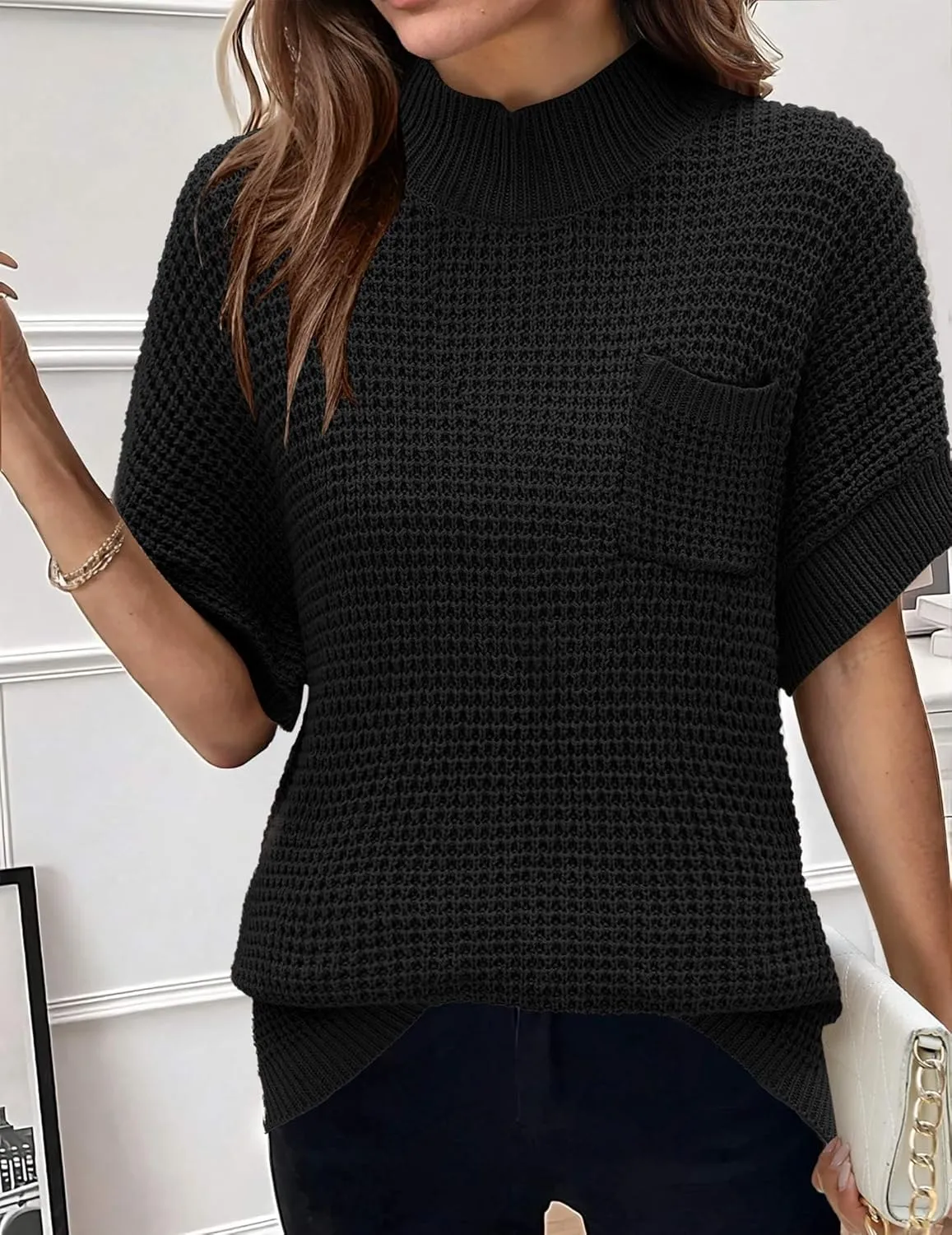 Women 2024 Sweater Vest Mock Neck Batwing Short Sleeve Oversized Ribbed Knit Tops Fall Pullover Sweater S-XXL
