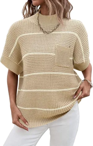 Women 2024 Sweater Vest Mock Neck Batwing Short Sleeve Oversized Ribbed Knit Tops Fall Pullover Sweater S-XXL