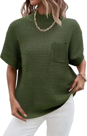 Women 2024 Sweater Vest Mock Neck Batwing Short Sleeve Oversized Ribbed Knit Tops Fall Pullover Sweater S-XXL