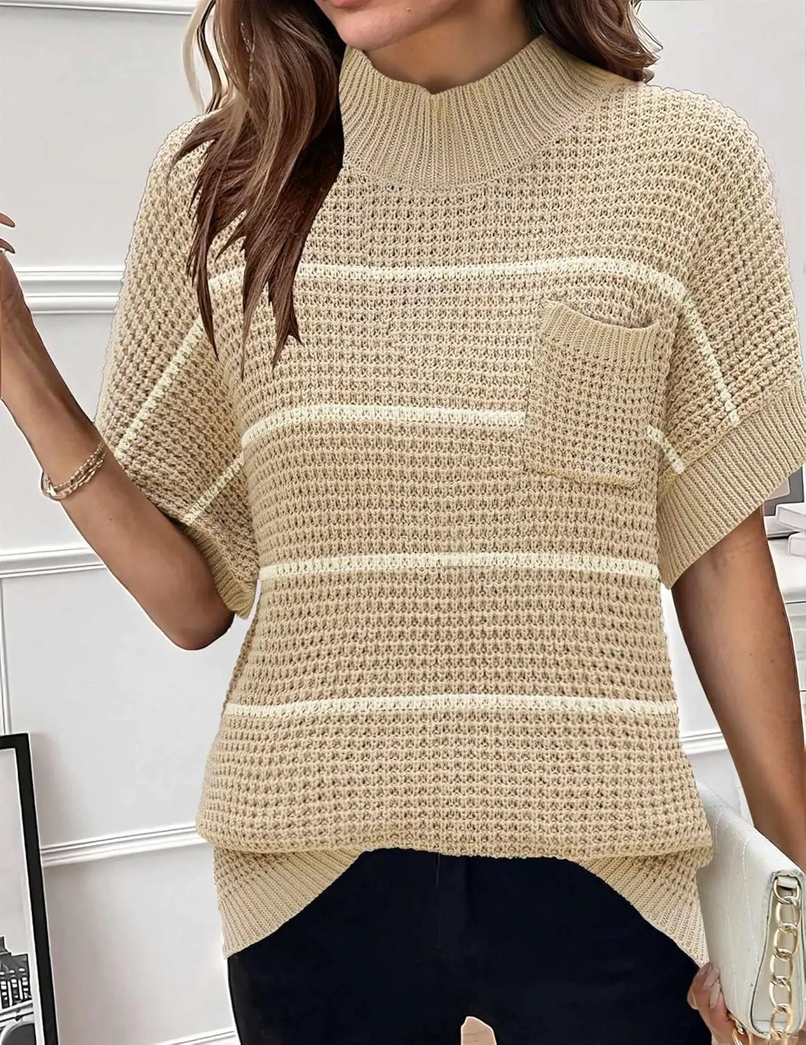 Women 2024 Sweater Vest Mock Neck Batwing Short Sleeve Oversized Ribbed Knit Tops Fall Pullover Sweater S-XXL
