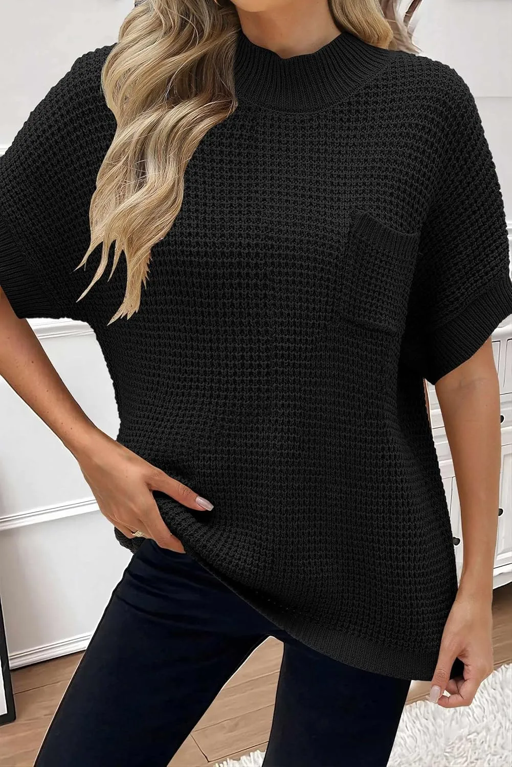 Women 2024 Sweater Vest Mock Neck Batwing Short Sleeve Oversized Ribbed Knit Tops Fall Pullover Sweater S-XXL
