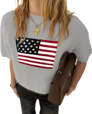 Women American Flag Sweater Short Sleeve Crewneck USA Graphic Patriotic Knit T-Shirt 4th of July Tops
