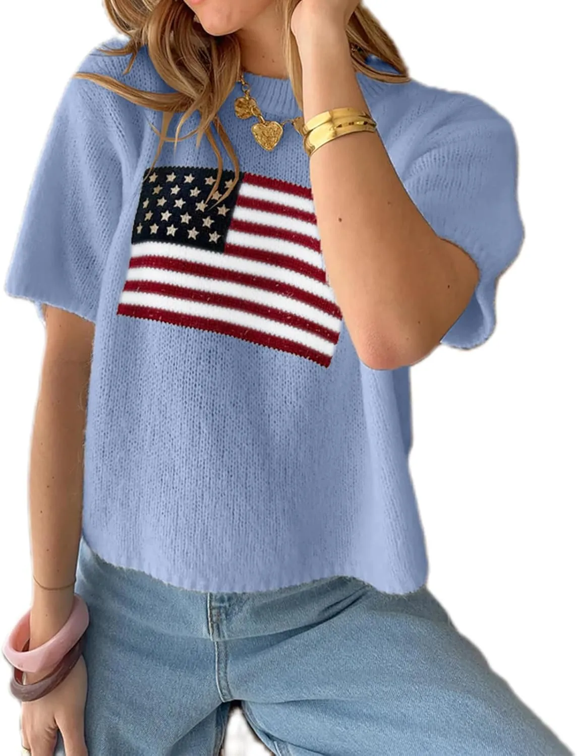 Women American Flag Sweater Short Sleeve Crewneck USA Graphic Patriotic Knit T-Shirt 4th of July Tops