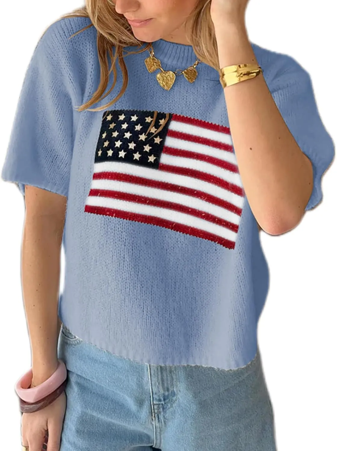 Women American Flag Sweater Short Sleeve Crewneck USA Graphic Patriotic Knit T-Shirt 4th of July Tops