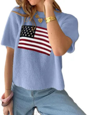 Women American Flag Sweater Short Sleeve Crewneck USA Graphic Patriotic Knit T-Shirt 4th of July Tops