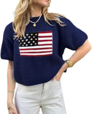 Women American Flag Sweater Short Sleeve Crewneck USA Graphic Patriotic Knit T-Shirt 4th of July Tops