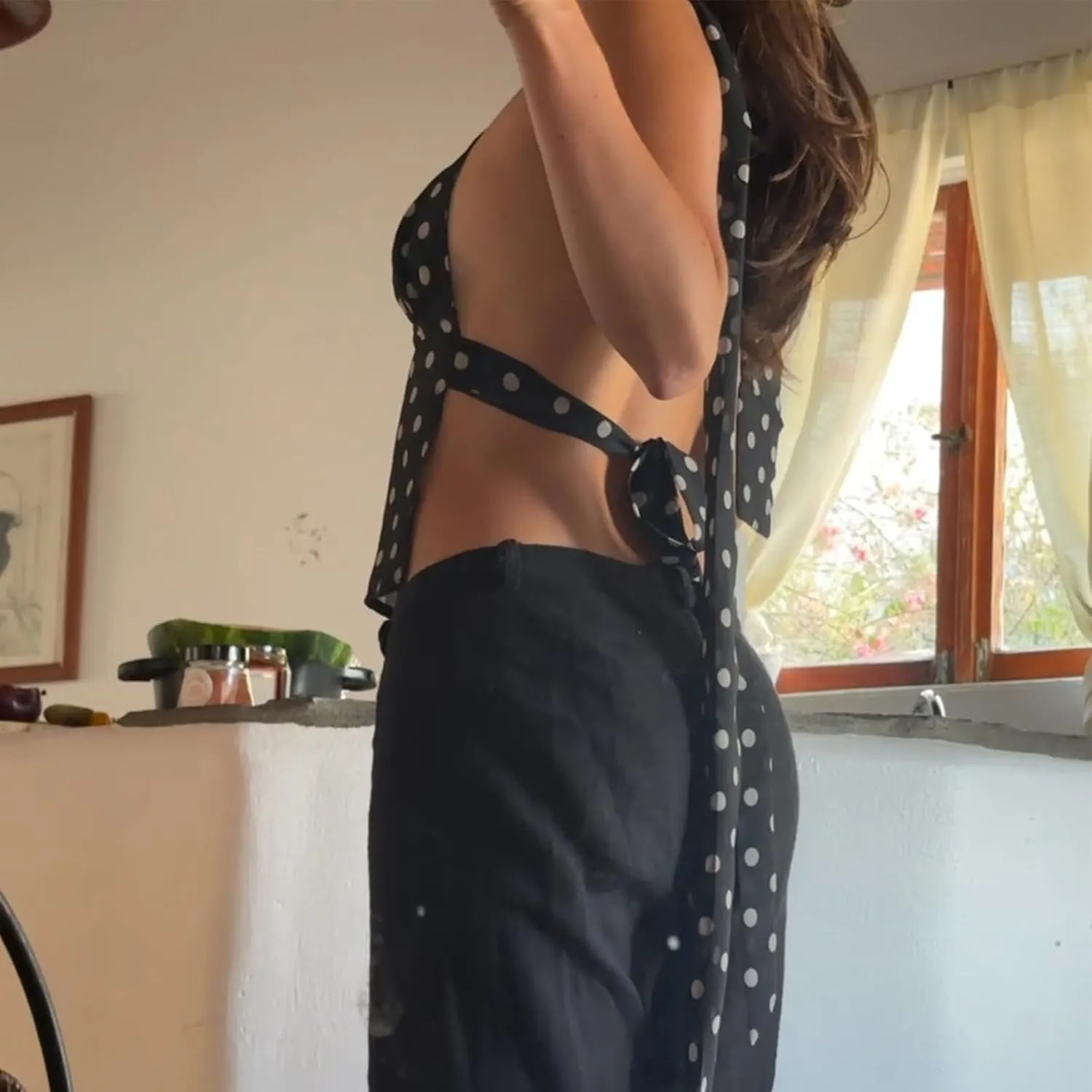 Women Backless Lace Up Halter Tulle Tank Top v Neck Dot Print Sleeveless Tie Up Mesh Cami Crop Top with Ribbon